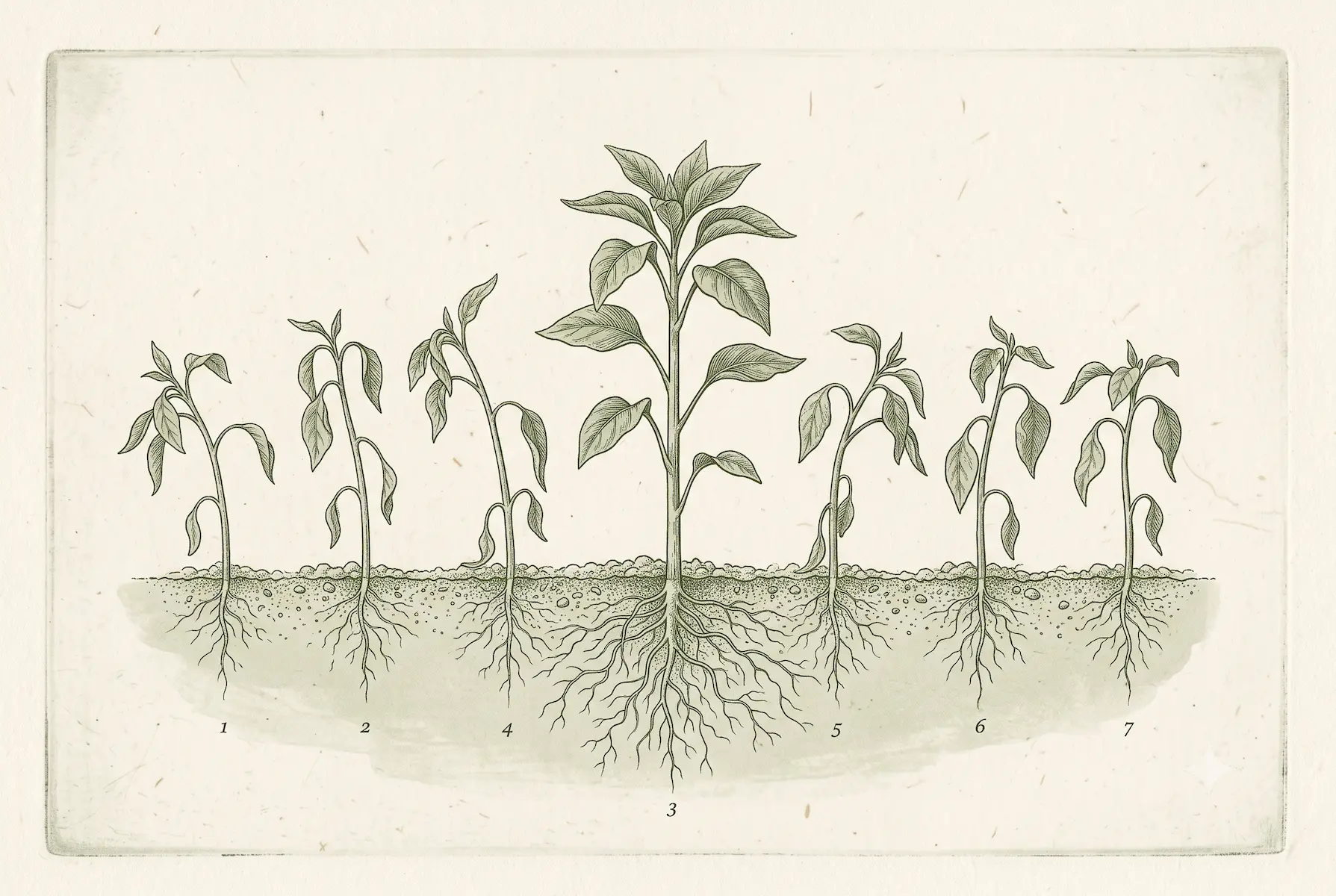 Sage green botanical illustration of young plants in a row, most thin and leaning, with one at the centre grown tall, straight and deep-rooted