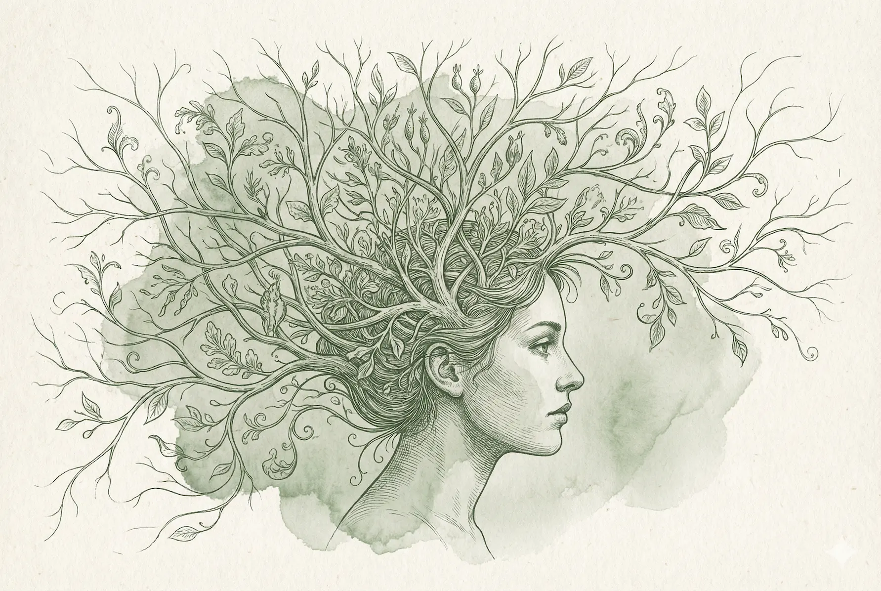 Botanical illustration in sage green ink representing neural branching and cognitive resilience