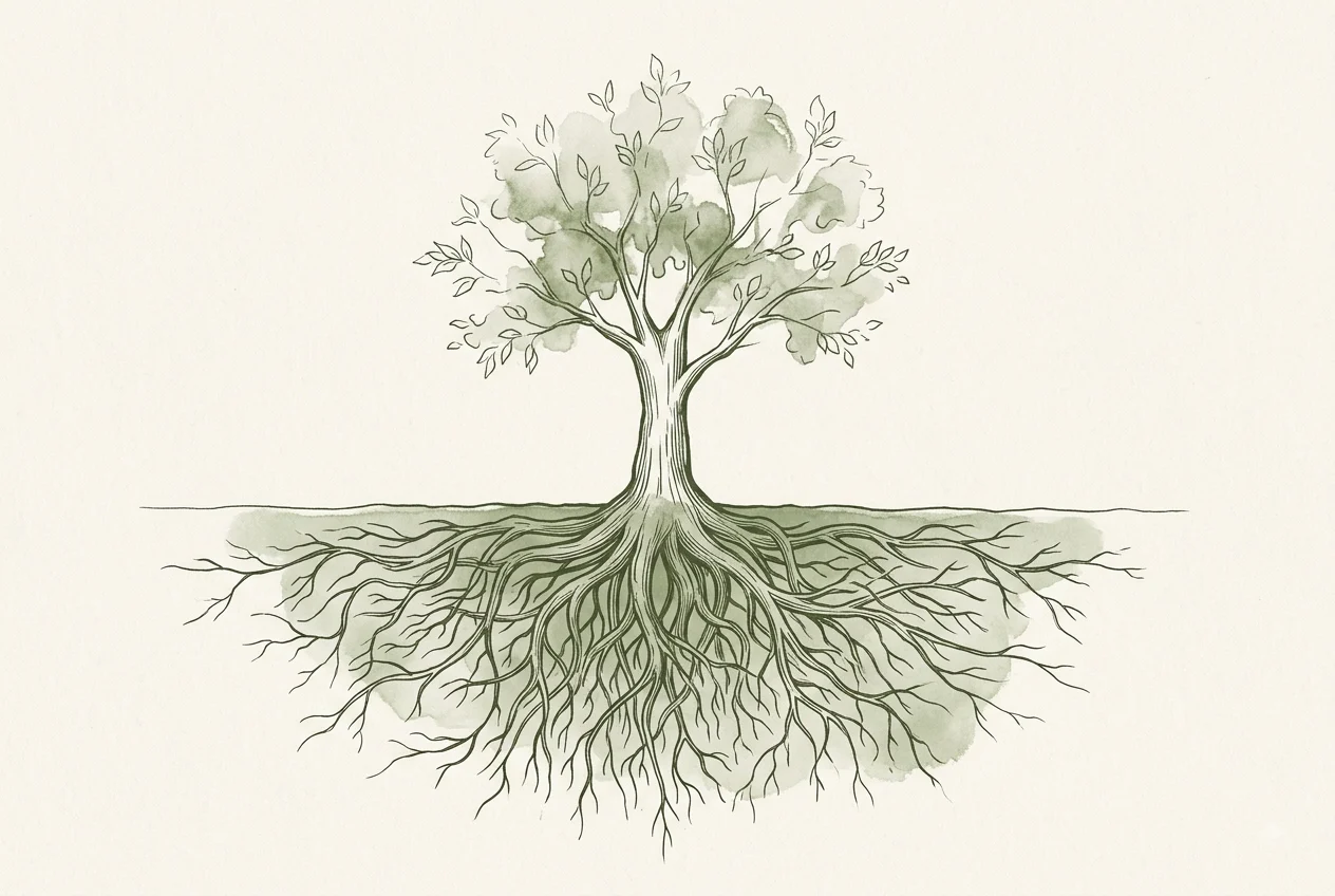 Sage green ink and watercolour illustration of a tree with a full leafy canopy above ground and a detailed, mirroring root system spreading below ground