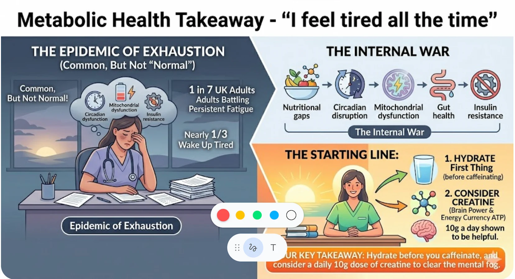 Summary diagram showing the scale of fatigue in the UK, the internal metabolic drivers, and two quick wins to start reclaiming energy