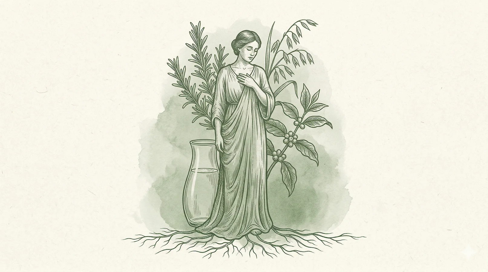 Botanical illustration in sage green ink showing water, roots and herbs representing energy and metabolic foundations