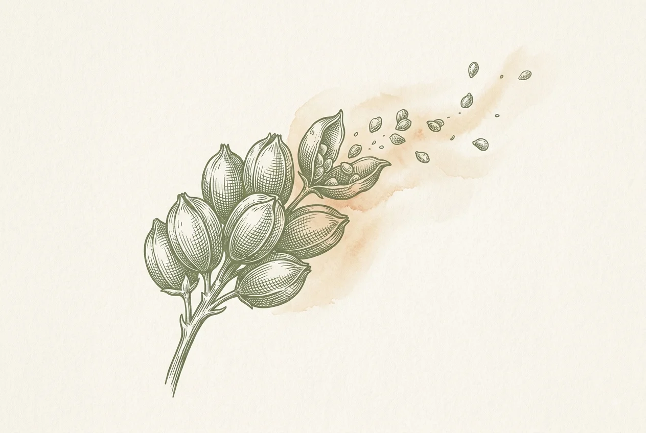 Sage green ink illustration of a cluster of seed pods, most closed and full, with one pod open and releasing seeds that drift away trailed by a soft warm watercolour wash