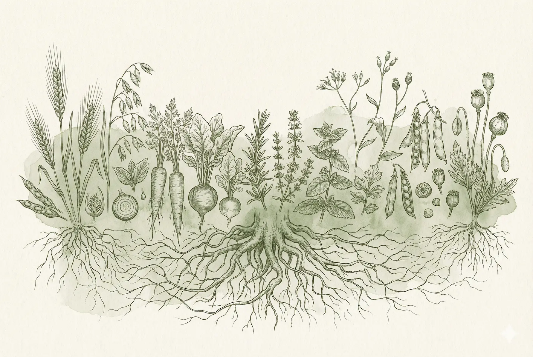 Botanical illustration in sage green ink showing roots, herbs and grains representing metabolic foundations