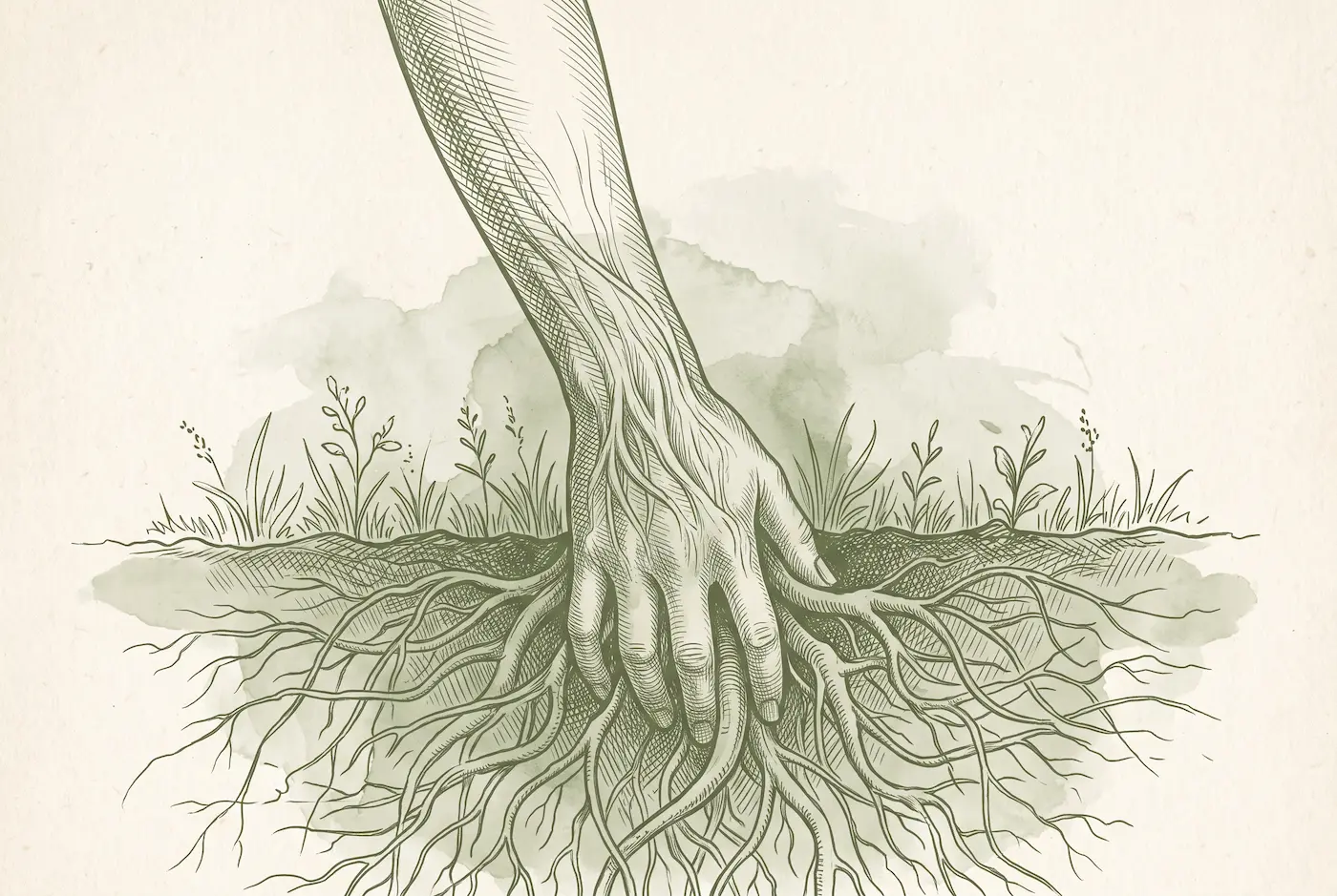 Ink-and-wash illustration of strength as a quiet, rebuildable foundation
