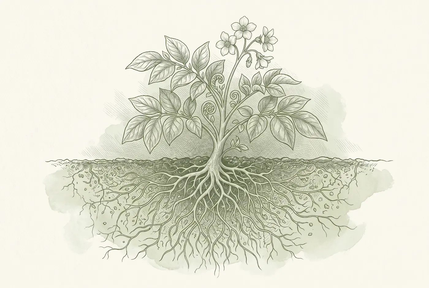 Sage-green etching of a flowering plant shown in cross-section, its leaves and blooms above the soil and an intricate network of roots spreading below, representing the hidden metabolic drivers beneath perimenopausal weight gain.
