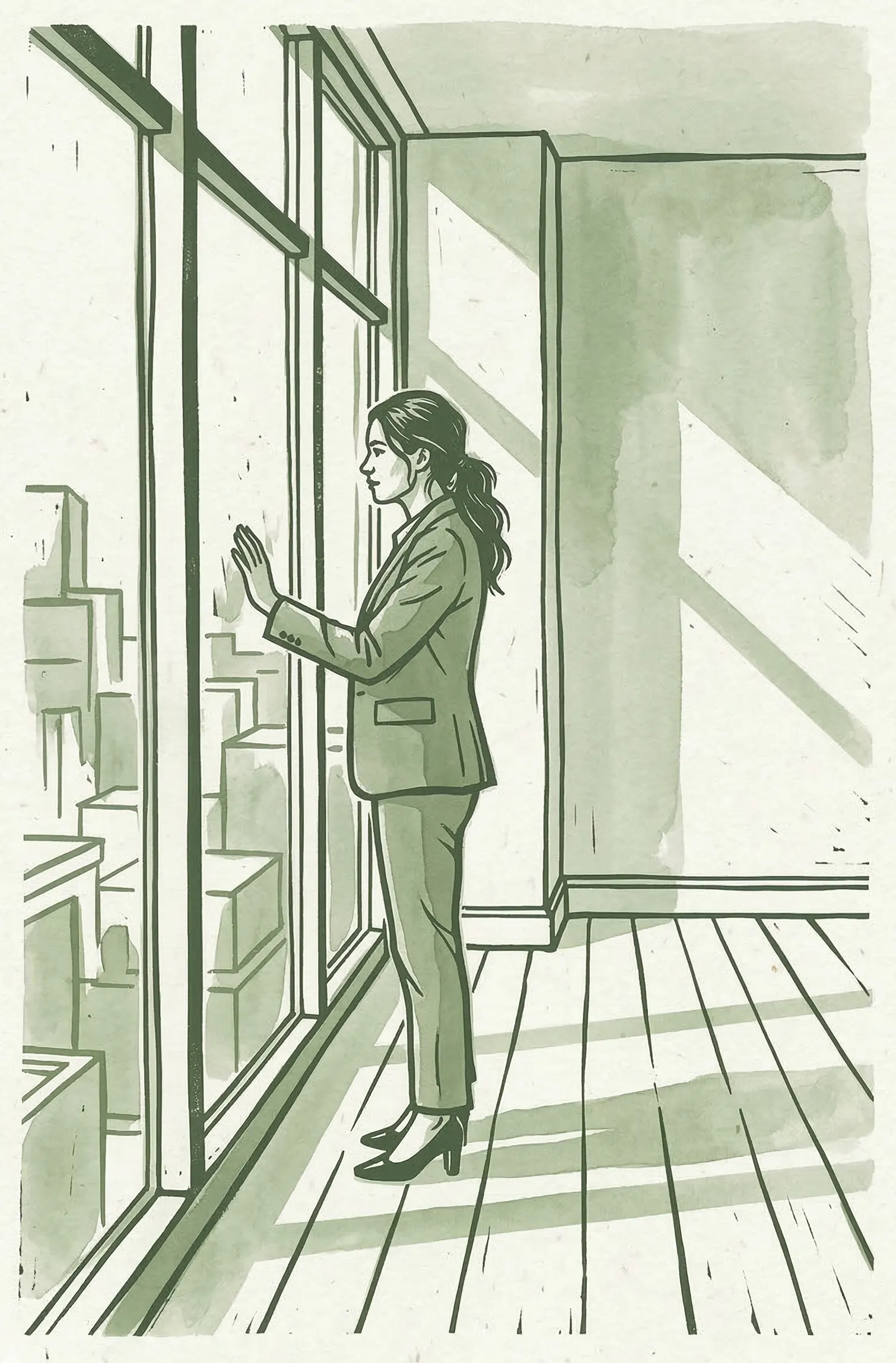 A professional woman standing at a window — the hidden cognitive and physical toll of menopause transition in the workplace