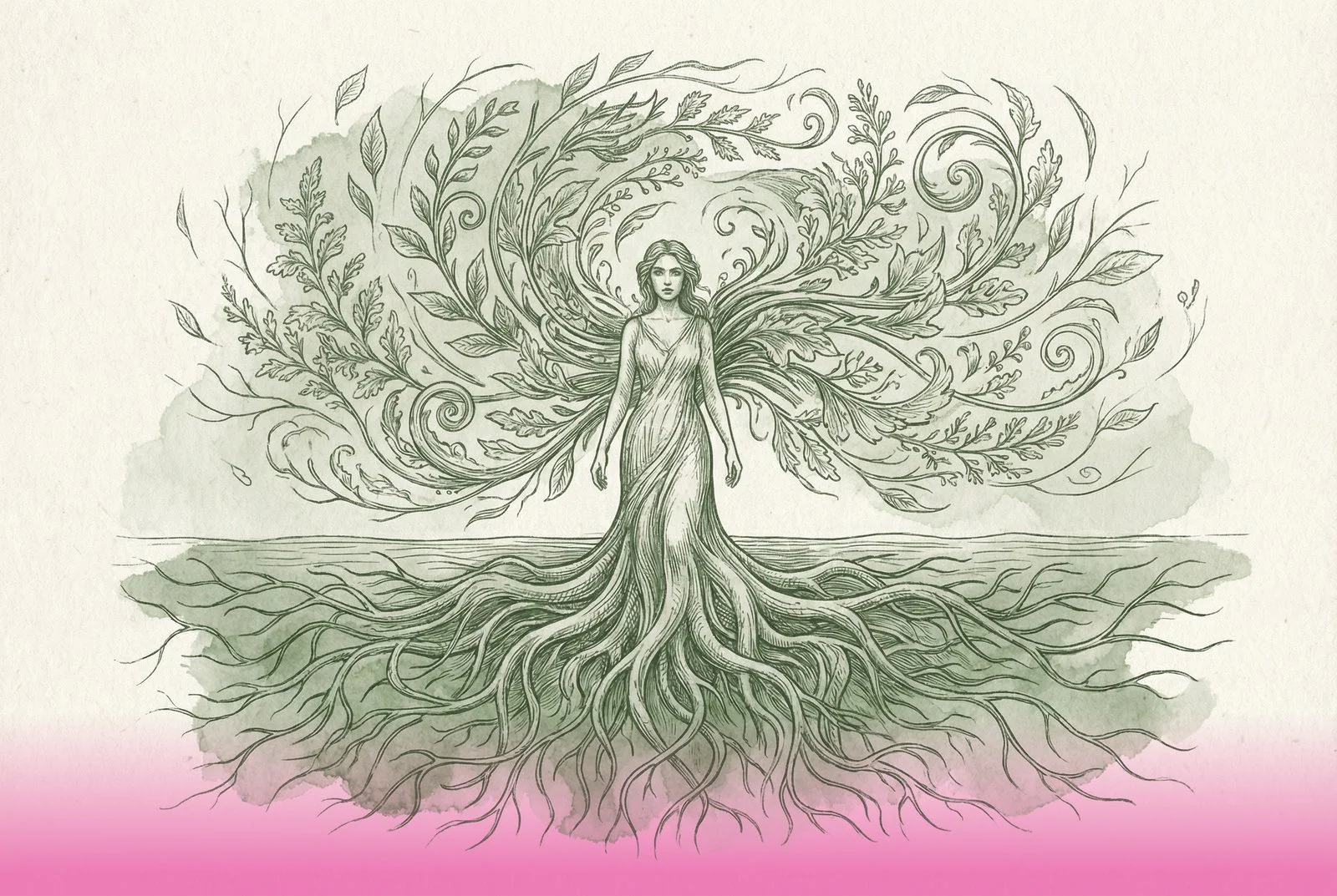 Illustration of a woman standing tall, her hair opening into leaves and her dress becoming roots, the artwork for Your Menopause Code