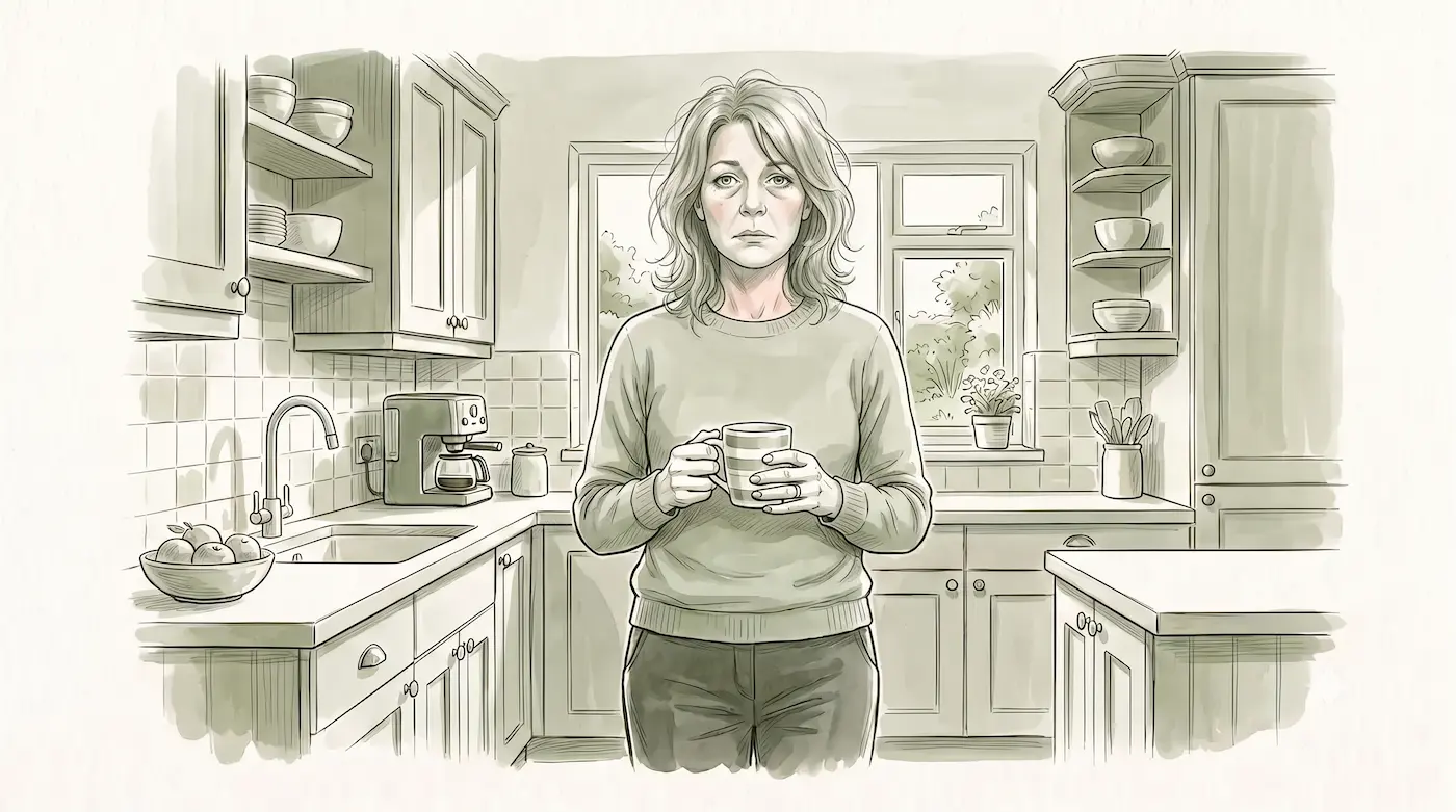 Illustration of a woman in her kitchen at the start of the day, from the interactive symptom guide