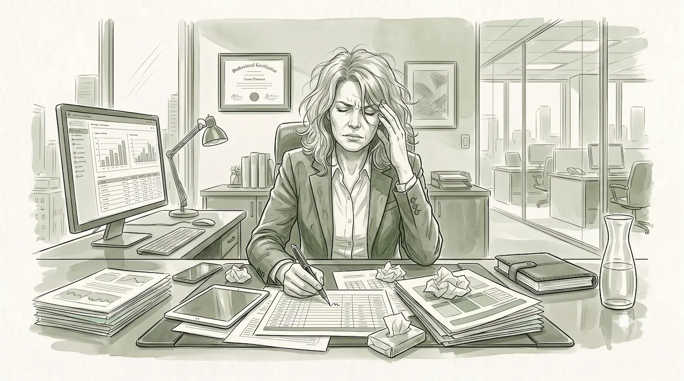 Illustration of a woman at her desk during a demanding workday, from the interactive symptom guide
